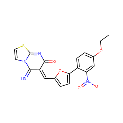 CCOc1ccc(-c2ccc(/C=C3/C(=N)N4C=CSC4=NC3=O)o2)c([N+](=O)[O-])c1 ZINC000005025823