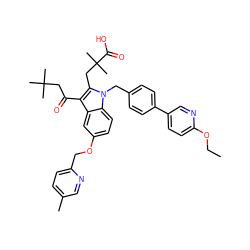 CCOc1ccc(-c2ccc(Cn3c(CC(C)(C)C(=O)O)c(C(=O)CC(C)(C)C)c4cc(OCc5ccc(C)cn5)ccc43)cc2)cn1 ZINC000082139751