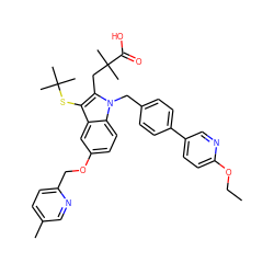 CCOc1ccc(-c2ccc(Cn3c(CC(C)(C)C(=O)O)c(SC(C)(C)C)c4cc(OCc5ccc(C)cn5)ccc43)cc2)cn1 ZINC000068247071