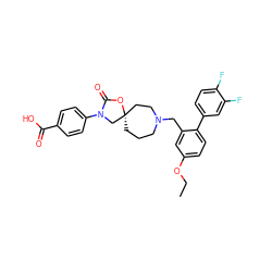 CCOc1ccc(-c2ccc(F)c(F)c2)c(CN2CCC[C@]3(CC2)CN(c2ccc(C(=O)O)cc2)C(=O)O3)c1 ZINC000144576263