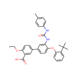 CCOc1ccc(-c2ccc(Oc3ccccc3C(C)(C)C)c(NC(=O)Nc3ccc(C)cc3)c2)cc1C(=O)O ZINC000220988663