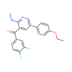 CCOc1ccc(-c2cnc(NC)c(C(=O)c3ccc(F)c(F)c3)c2)cc1 ZINC000096285659