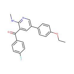 CCOc1ccc(-c2cnc(NC)c(C(=O)c3ccc(F)cc3)c2)cc1 ZINC000096285670