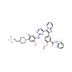 CCOc1ccc(-c2nc3ccccn3c2-c2ccnc(Nc3cc(C)c(N4CCC(CCS(C)(=O)=O)CC4)cc3OC)n2)cc1C(=O)Nc1c(F)cccc1F ZINC000165084955