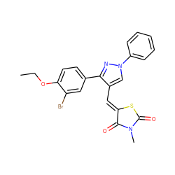 CCOc1ccc(-c2nn(-c3ccccc3)cc2/C=C2\SC(=O)N(C)C2=O)cc1Br ZINC000035850686