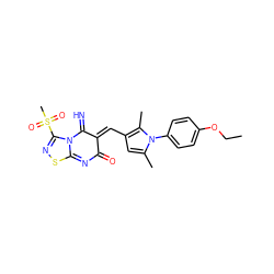 CCOc1ccc(-n2c(C)cc(/C=C3/C(=N)N4C(=NC3=O)SN=C4S(C)(=O)=O)c2C)cc1 ZINC000013574278