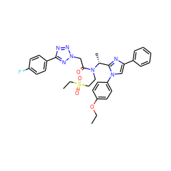 CCOc1ccc(-n2cc(-c3ccccc3)nc2[C@@H](C)N(CCS(=O)(=O)CC)C(=O)Cn2nnc(-c3ccc(F)cc3)n2)cc1 ZINC000029129618