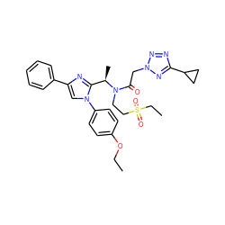 CCOc1ccc(-n2cc(-c3ccccc3)nc2[C@@H](C)N(CCS(=O)(=O)CC)C(=O)Cn2nnc(C3CC3)n2)cc1 ZINC000029129528