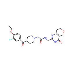 CCOc1ccc(C(=O)C2CCN(CC(=O)NCc3nc4c(c(=O)[nH]3)COCC4)CC2)cc1F ZINC000208814463