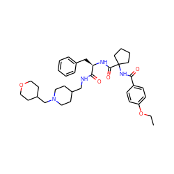 CCOc1ccc(C(=O)NC2(C(=O)N[C@H](Cc3ccccc3)C(=O)NCC3CCN(CC4CCOCC4)CC3)CCCC2)cc1 ZINC000044360294