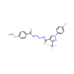 CCOc1ccc(C(=O)NCCNC(=O)c2cn(-c3ccc(Cl)cc3)nc2C(F)(F)F)cc1 ZINC000049069967