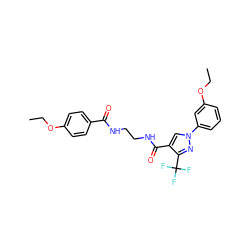 CCOc1ccc(C(=O)NCCNC(=O)c2cn(-c3cccc(OCC)c3)nc2C(F)(F)F)cc1 ZINC000049067609