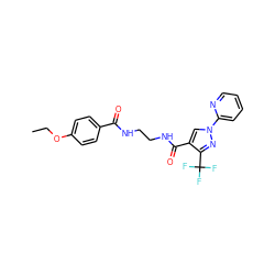 CCOc1ccc(C(=O)NCCNC(=O)c2cn(-c3ccccn3)nc2C(F)(F)F)cc1 ZINC000049067245