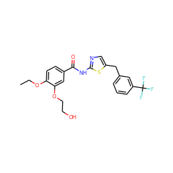 CCOc1ccc(C(=O)Nc2ncc(Cc3cccc(C(F)(F)F)c3)s2)cc1OCCO ZINC000043013286