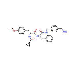 CCOc1ccc(C[C@@H](NC(=O)C2CC2)C(=O)N[C@@H](Cc2ccccc2)C(=O)NCc2ccc(CN)cc2)cc1 ZINC001772619140