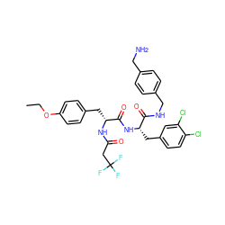 CCOc1ccc(C[C@@H](NC(=O)CC(F)(F)F)C(=O)N[C@@H](Cc2ccc(Cl)c(Cl)c2)C(=O)NCc2ccc(CN)cc2)cc1 ZINC000206144820