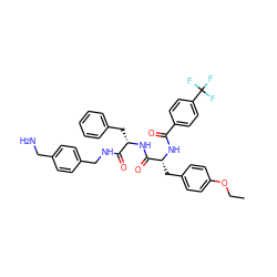 CCOc1ccc(C[C@@H](NC(=O)c2ccc(C(F)(F)F)cc2)C(=O)N[C@@H](Cc2ccccc2)C(=O)NCc2ccc(CN)cc2)cc1 ZINC000206299360