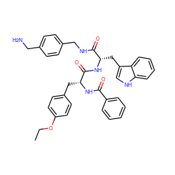 CCOc1ccc(C[C@@H](NC(=O)c2ccccc2)C(=O)N[C@@H](Cc2c[nH]c3ccccc23)C(=O)NCc2ccc(CN)cc2)cc1 ZINC000206397874