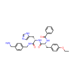 CCOc1ccc(C[C@@H](NC(=O)c2ccccc2)C(=O)N[C@@H](Cc2cnc[nH]2)C(=O)NCc2ccc(CN)cc2)cc1 ZINC000206409551