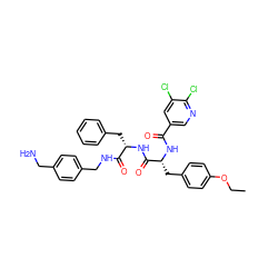 CCOc1ccc(C[C@@H](NC(=O)c2cnc(Cl)c(Cl)c2)C(=O)N[C@@H](Cc2ccccc2)C(=O)NCc2ccc(CN)cc2)cc1 ZINC000206140483