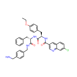 CCOc1ccc(C[C@@H](NC(=O)c2cnc3cc(Cl)ccc3c2)C(=O)N[C@@H](Cc2ccccc2)C(=O)NCc2ccc(CN)cc2)cc1 ZINC001772615236