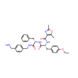 CCOc1ccc(C[C@@H](NC(=O)c2nc(C)oc2C)C(=O)N[C@@H](Cc2ccccc2)C(=O)NCc2ccc(CN)cc2)cc1 ZINC001772642370