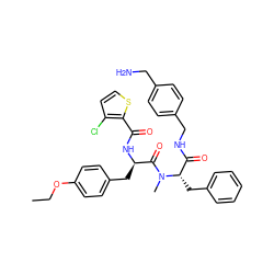 CCOc1ccc(C[C@@H](NC(=O)c2sccc2Cl)C(=O)N(C)[C@@H](Cc2ccccc2)C(=O)NCc2ccc(CN)cc2)cc1 ZINC000217076986