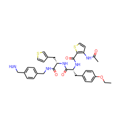 CCOc1ccc(C[C@@H](NC(=O)c2sccc2NC(C)=O)C(=O)N[C@@H](Cc2ccsc2)C(=O)NCc2ccc(CN)cc2)cc1 ZINC000206139751