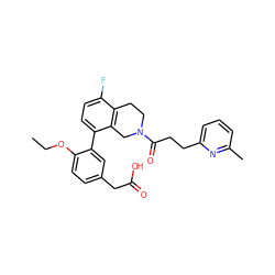 CCOc1ccc(CC(=O)O)cc1-c1ccc(F)c2c1CN(C(=O)CCc1cccc(C)n1)CC2 ZINC000144133183