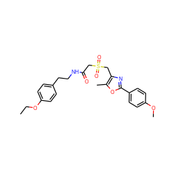 CCOc1ccc(CCNC(=O)CS(=O)(=O)Cc2nc(-c3ccc(OC)cc3)oc2C)cc1 ZINC000008597838