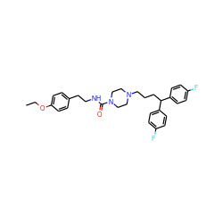 CCOc1ccc(CCNC(=O)N2CCN(CCCC(c3ccc(F)cc3)c3ccc(F)cc3)CC2)cc1 ZINC000013864332