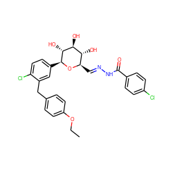 CCOc1ccc(Cc2cc([C@@H]3O[C@H](/C=N/NC(=O)c4ccc(Cl)cc4)[C@@H](O)[C@H](O)[C@H]3O)ccc2Cl)cc1 ZINC000206978593