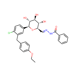 CCOc1ccc(Cc2cc([C@@H]3O[C@H](/C=N/NC(=O)c4ccccc4)[C@@H](O)[C@H](O)[C@H]3O)ccc2Cl)cc1 ZINC000206973182