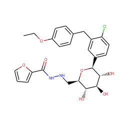 CCOc1ccc(Cc2cc([C@@H]3O[C@H](CNNC(=O)c4ccco4)[C@@H](O)[C@H](O)[C@H]3O)ccc2Cl)cc1 ZINC000219443623