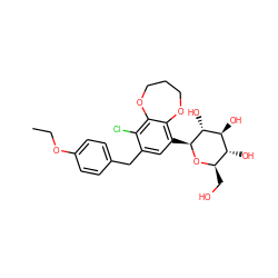 CCOc1ccc(Cc2cc([C@@H]3O[C@H](CO)[C@@H](O)[C@H](O)[C@H]3O)c3c(c2Cl)OCCCO3)cc1 ZINC000206114226