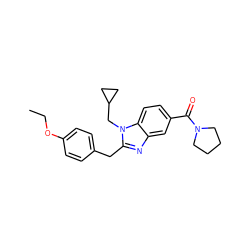 CCOc1ccc(Cc2nc3cc(C(=O)N4CCCC4)ccc3n2CC2CC2)cc1 ZINC000040380016