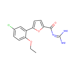 CCOc1ccc(Cl)cc1-c1ccc(C(=O)N=C(N)N)o1 ZINC000013642728