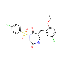 CCOc1ccc(Cl)cc1C[C@@H]1CNC(=O)CN(S(=O)(=O)c2ccc(Cl)cc2)C1=O ZINC000028894309