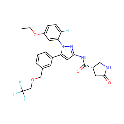 CCOc1ccc(F)c(-n2nc(NC(=O)[C@@H]3CNC(=O)C3)cc2-c2cccc(COCC(F)(F)F)c2)c1 ZINC000169707368