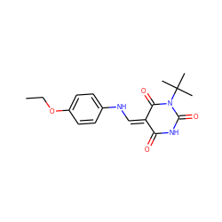 CCOc1ccc(N/C=C2/C(=O)NC(=O)N(C(C)(C)C)C2=O)cc1 ZINC000005100561