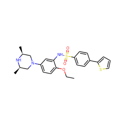 CCOc1ccc(N2C[C@H](C)N[C@H](C)C2)cc1NS(=O)(=O)c1ccc(-c2cccs2)cc1 ZINC000095598536