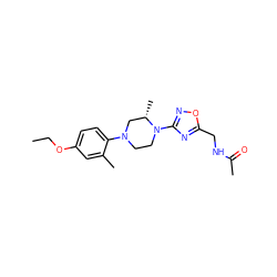 CCOc1ccc(N2CCN(c3noc(CNC(C)=O)n3)[C@@H](C)C2)c(C)c1 ZINC000103252713