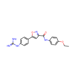 CCOc1ccc(NC(=O)c2cc(-c3ccc(NC(=N)N)cc3)on2)cc1 ZINC000169325845