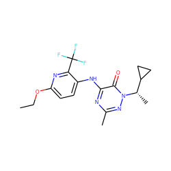 CCOc1ccc(Nc2nc(C)nn([C@@H](C)C3CC3)c2=O)c(C(F)(F)F)n1 ZINC000049034405