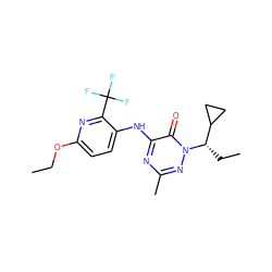 CCOc1ccc(Nc2nc(C)nn([C@@H](CC)C3CC3)c2=O)c(C(F)(F)F)n1 ZINC000049036742