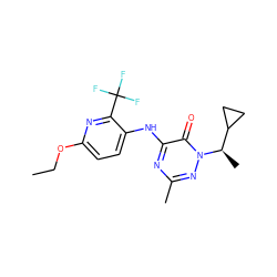 CCOc1ccc(Nc2nc(C)nn([C@H](C)C3CC3)c2=O)c(C(F)(F)F)n1 ZINC000049792423