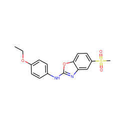 CCOc1ccc(Nc2nc3cc(S(C)(=O)=O)ccc3o2)cc1 ZINC000073315255