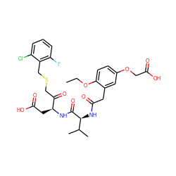 CCOc1ccc(OCC(=O)O)cc1CC(=O)N[C@H](C(=O)N[C@@H](CC(=O)O)C(=O)CSCc1c(F)cccc1Cl)C(C)C ZINC000003993753