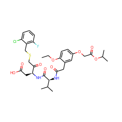 CCOc1ccc(OCC(=O)OC(C)C)cc1CC(=O)N[C@H](C(=O)N[C@@H](CC(=O)O)C(=O)CSCc1c(F)cccc1Cl)C(C)C ZINC000003993752