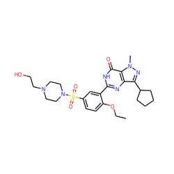 CCOc1ccc(S(=O)(=O)N2CCN(CCO)CC2)cc1-c1nc2c(C3CCCC3)nn(C)c2c(=O)[nH]1 ZINC000028136101